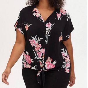 Torrid Tie Front Hawaiian Shirt 2X 18/20 Black and Pink Button Up Blouse